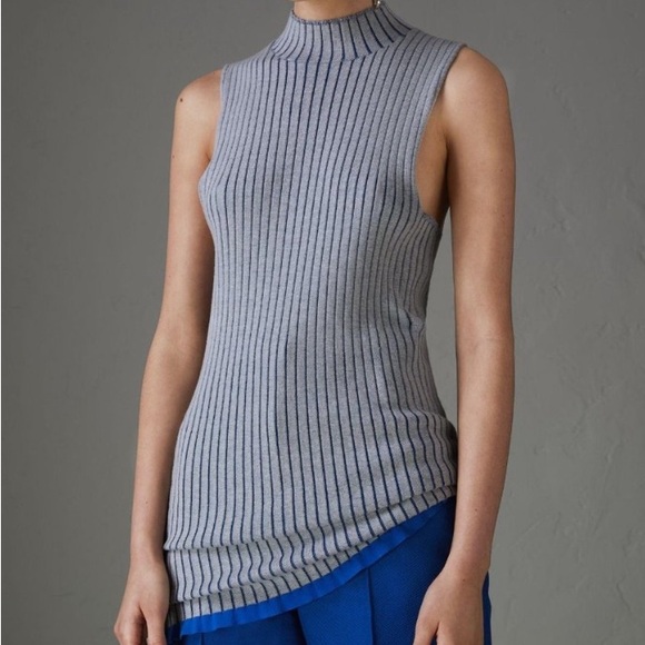 Burberry Sweaters - Burberry blue ribbed sleeveless turtleneck cashmere and silk sweater (size xxs)